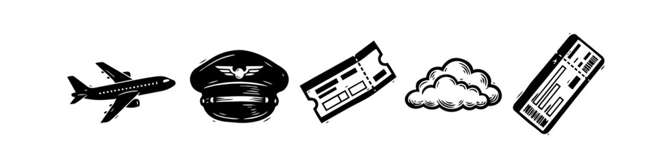 Aviation and travel icons set including airplane, pilot hat, tickets and clouds © Victor