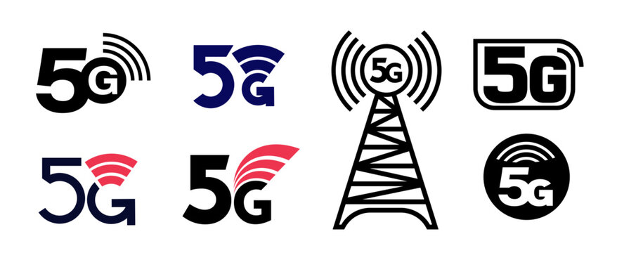 5G sign vector icon set. Modern wireless network technology symbols with 5G text. Collection of communication icons for mobile internet, connectivity, telecom design, apps and digital network concepts