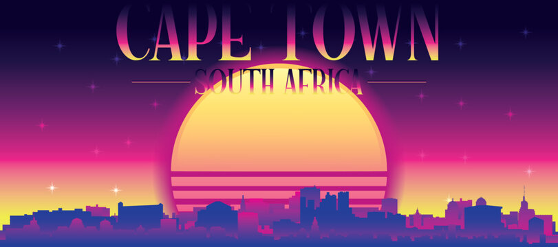 Purple generic retro futuristic synthwave panoramic poster of the city skyline with misty background sunset buildings of CAPE TOWN, SOUTH AFRICA