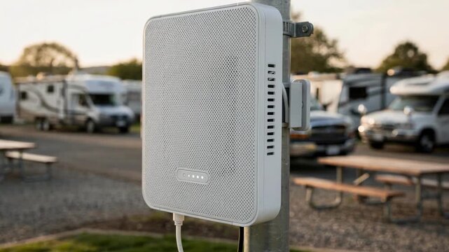 Closeup of a mesh WiFi node mounted on a pole at an RV park with blurred campers and vehicles in the background highlighting seamless guest connectivity.