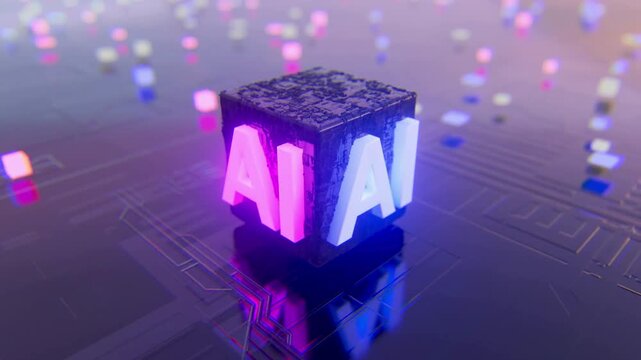 A futuristic video showcasing a glowing AI cube on a circuit board
