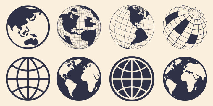 Set globe icons black colour design with flat style world map vector template. Earth globe icons. earth hemispheres with continents. world map set.
