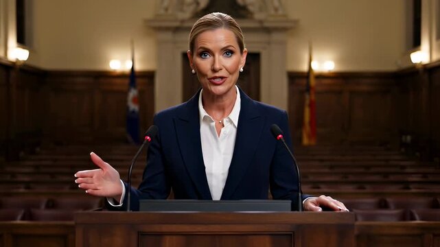 Confident Female Politician Giving Speech at Parliament Podium