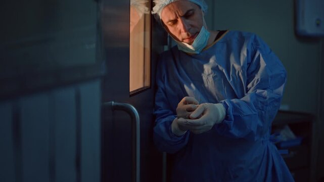 Tired Caucasian surgeon leaning on door of operating room while pulling off mask and latex gloves after surgery
