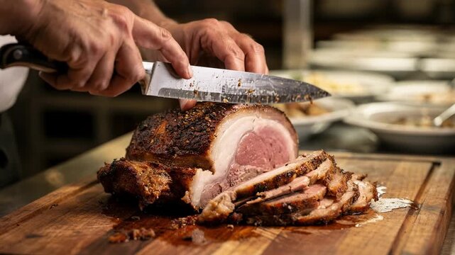 Closeup of a chef slicing roasted meat at a carving station focused knife movement with outoffocus serving dishes behind.