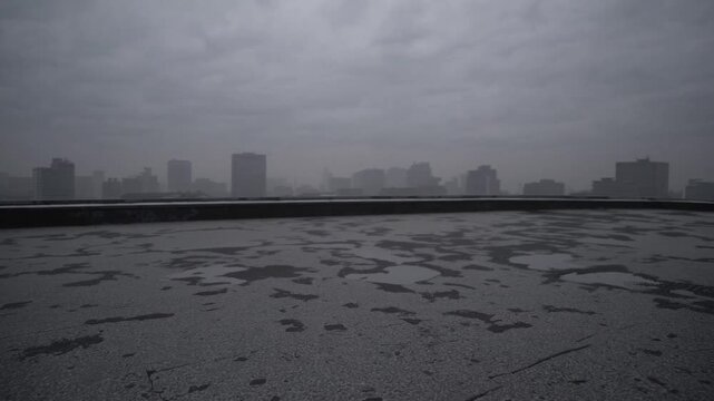 Foggy rooftop overlooking hazy skyline, cracked concrete foreground with puddles, dense fog veiling distant skyscrapers, heavy overcast clouds and muted grayscale tones creating desolate, cinematic