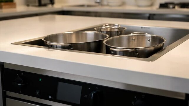 Closeup medium shot of induction buffet hot well installed beneath counter pans sleek control panel visible in focus background elements softly obscured.