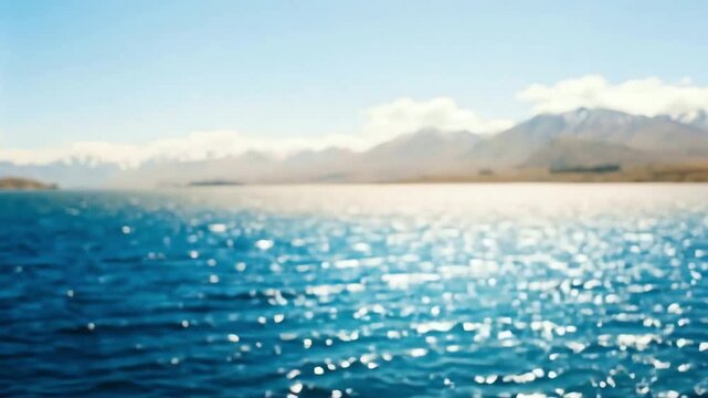 Sunlight glinting on a vast lake surface with majestic mountains in the distance, a serene blurred natural landscape background scene