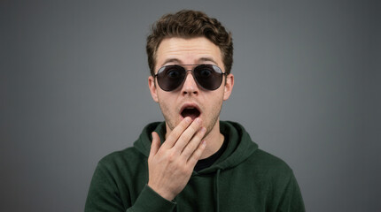 Fototapeta premium Surprised Young Man Wearing Sunglasses Expressing Shock or Amazement