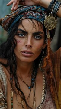 A beautiful female stands in bright lighting. This gypsy wears a patterned headscarf and multiple necklaces. The romany traveler pauses, a serene moment captured for the wandering nomad