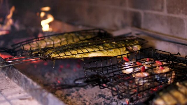Fish Cooked On Grill. Fresh Scomber Fried On Electric Grill With Seasoning. Mackerel Being Grilled. Steak Of Fresh Fish Is Fried On A Hot Grill. Electro Grill And Fish .Roast Fish. Fried Mackerel.