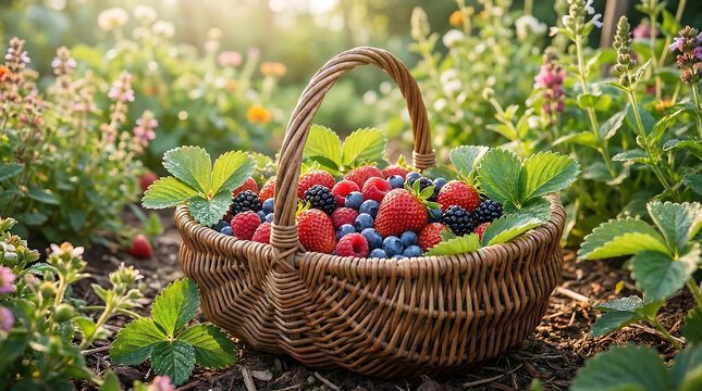 A Wicker Basket Overflowing with Freshly Picked Summer Berries in a Lush Garden