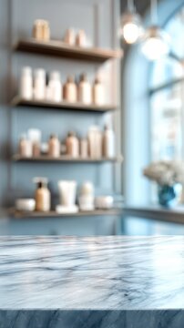 Marble counter top on blurred background of beauty salon or spa center with cosmetic products on shelves