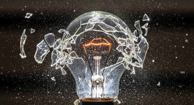 Realistic lightbulb shattering with glass fragments exploding outward on dark background with dramatic lighting