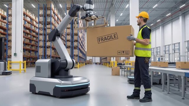 Warehouse worker assisting robotic arm with heavy cardboard box. Automated logistics and human-robot collaboration in distribution center. Static wide shot.
