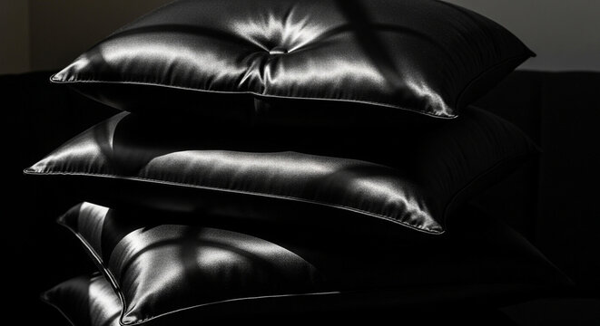 Stack of luxurious black silk pillows with white stitching in a dark room