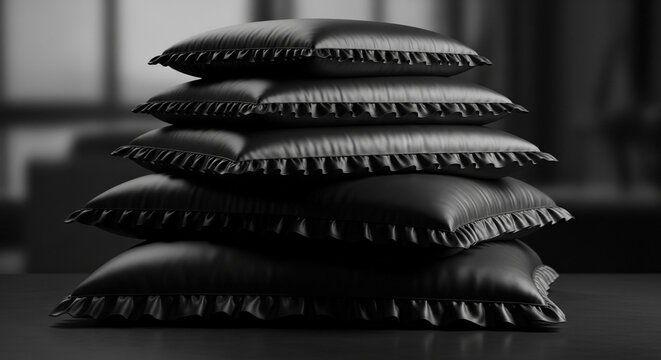 Stack of black silk pillows with tassel fringe on a dark surface in a dimly lit room