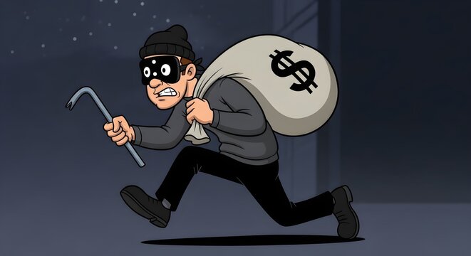 Cartoon thief running with money bag and crowbar at night