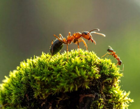 Two ants atop a mossy mound, one facing the other, with a green, blurred background