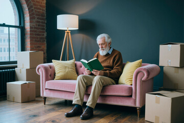 Fototapeta premium Senior man sitting on sofa reading book surrounded by cardboard boxes in living room with wooden floor and large window, appearing focused and relaxed during moving process