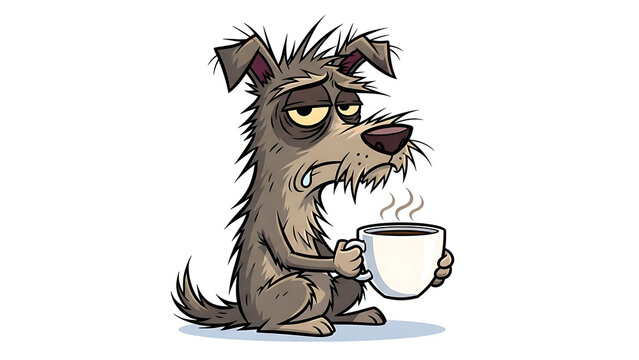 Grumpy cartoon dog sitting with empty bowl grumpy expression