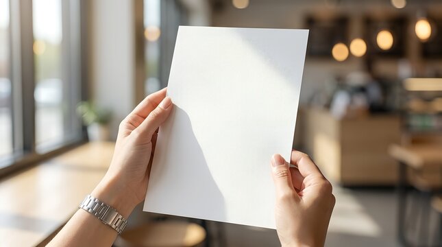 Blank Card Mockup Held in Hands - POV Cafe Lifestyle View