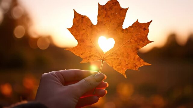 A capturing a hand holding a maple leaf with a heart-shaped cutout against a blurred autumnal background during sunset, evoking feelings of serenity and hope.
