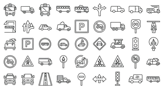 Collection of transportation icons vehicles signs and road markings