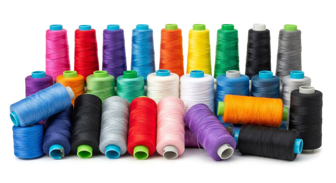 Colorful sewing threads on spools arranged neatly on a white background for crafting and fashion design