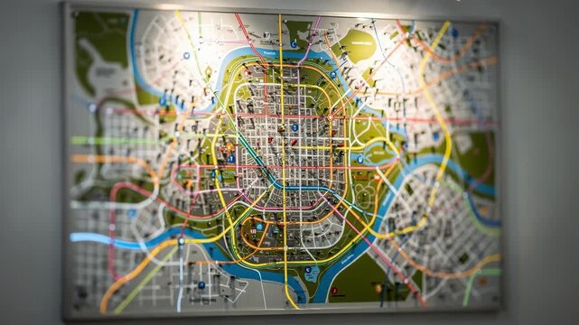Closeup of a colorful local maps display on a wall board featuring detailed routes and highlighted spots with the background softly blurred to emphasize the main information.
