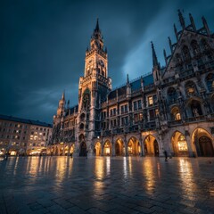 Fototapeta premium Munich Germany, New Town Hall , Rathaus at the Marienplatz seen at night with spring tulips in bloom 