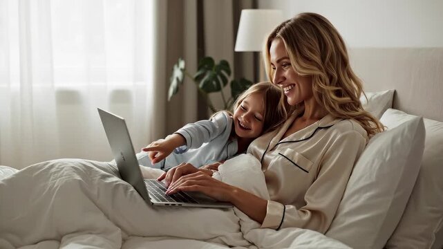 Smiling mother and her cheerful daughter are lying comfortably in bed, engrossed in a laptop for remote work and online learning, embracing the flexible digital nomad lifestyle with joyful