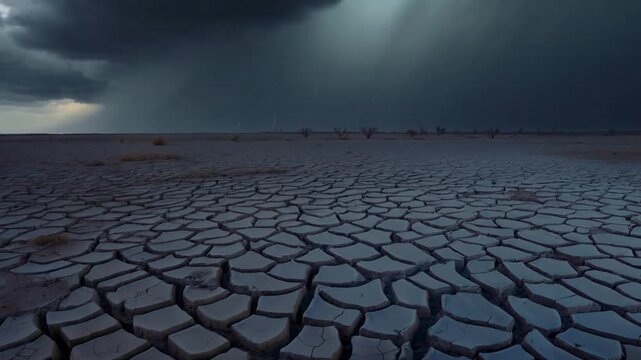 Storm clouds gathering over parched cracked earth in arid desert. Rain falling on dry soil during extreme weather event. Lockdown wide shot.