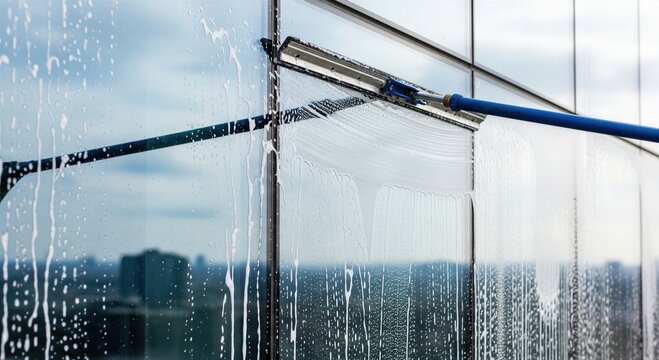 Professional window cleaner using squeegee to wash high rise glass building facade. Industrial maintenance service for modern office. Clear transparent surface and commercial hygiene.
