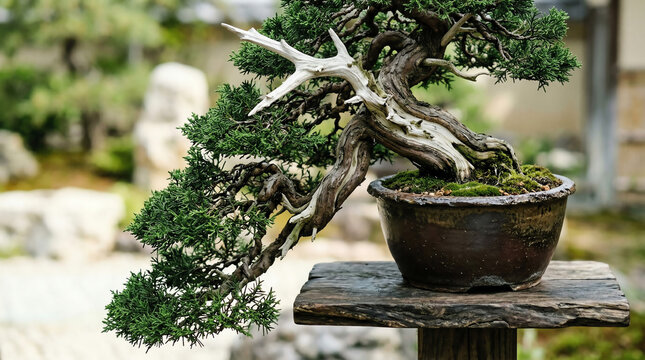 Juniper bonsai in cascade style with deadwood jin and shari in ceramic pot