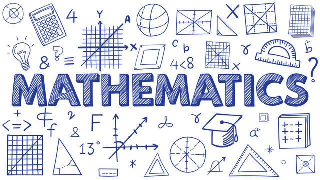 Blue ink hand-drawn mathematics doodles and school supplies