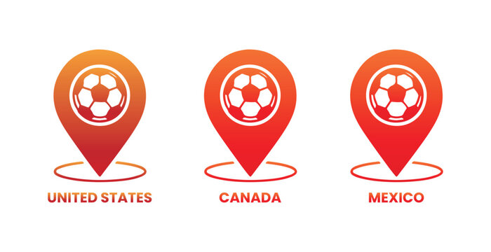 Soccer Ball Location Pin Icons for United States Canada and Mexico Representing North American Football Tournament Hosting, FIFA World Cup, and Sports Event Mapping