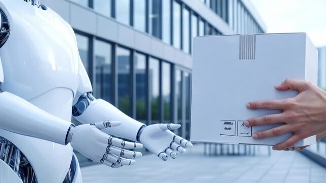 Human hands receiving white cardboard parcel from white humanoid robot. Automated delivery and logistics technology. Medium shot with panning movement.