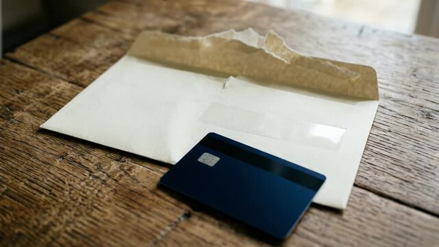 Opened credit card mailer envelope on a textured wooden table emphasizing the card fixed inside with the wood grain subtly blurred behind.