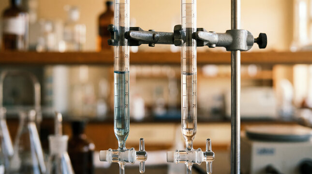 Precision glass burettes with glass stopcocks on retort stand