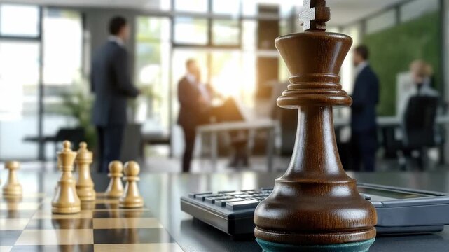 Strategic corporate planning, a powerful chess game symbolizing leadership and foresight, analytical business thinking in a modern professional office setting, making informed financial decisions
