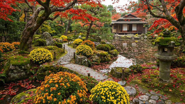 A Japanese garden in autumn featuring yellow and orange chrysanthemums