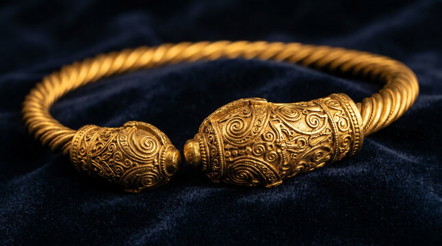 Replica gold Celtic torque neckring with decorated buffer terminals on velvet