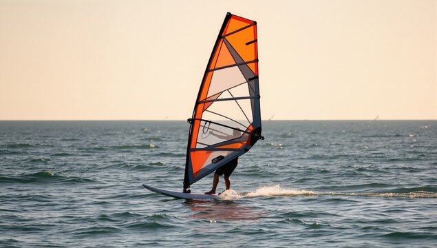 Side view of a windsurfer mooving horizontally
