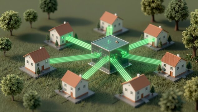 Digital hub connecting multiple suburban houses with glowing green energy beams representing smart home networks and sustainable power distribution in a modern neighborhood