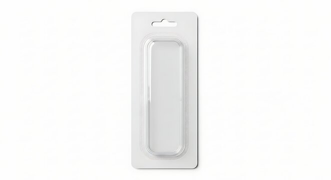 Long narrow clear plastic blister pack on white card for retail products.