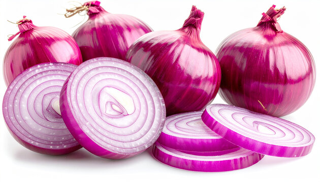 Red onions, whole and sliced, white background. AI