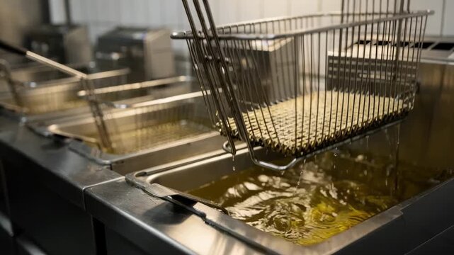 Closeup on corner fryer station with main baskets in sharp focus background fryers softened to highlight safe oil handling.