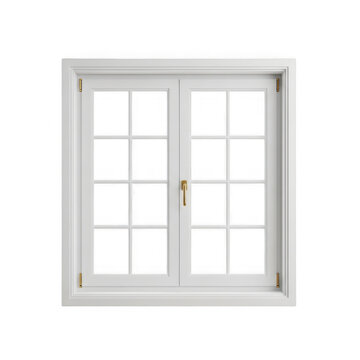 Double hung white wooden window with divided panes and central latch