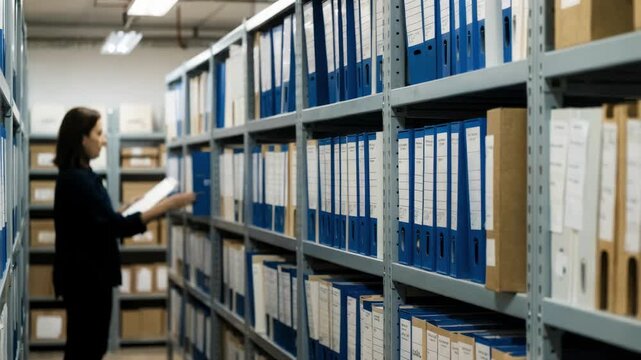 Medium shot of onsite loan file archival storage room featuring neatly labeled physical files on metal shelves with the background softly blurred.